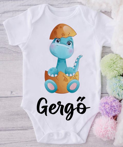 Kék dínó tojásban gyerek body saját névvel