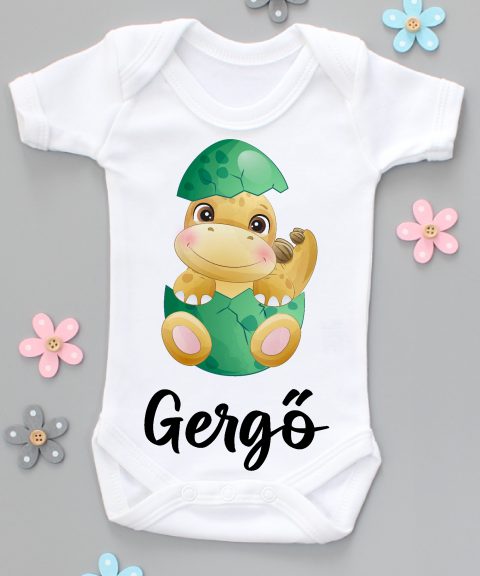 Sárga dínó tojásban gyerek body saját névvel