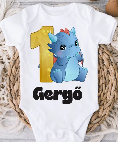 Kék dínós első szülinapos gyerek body saját névvel