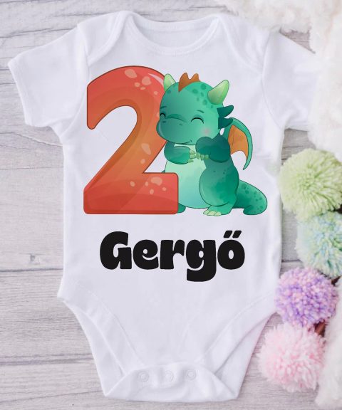 Zöld dínós második szülinapos gyerek body saját névvel