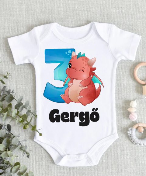 Piros dínós harmadik szülinapos gyerek body saját névvel