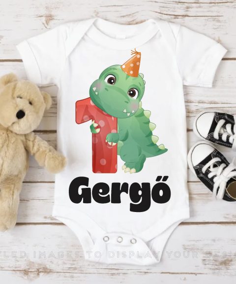 Zöld dínós első szülinapos gyerek body saját névvel