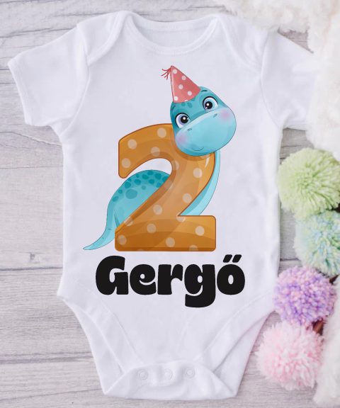 Kék dínós második szülinapos gyerek body saját névvel