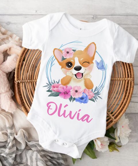 Corgi virágokkal gyerek body saját névvel