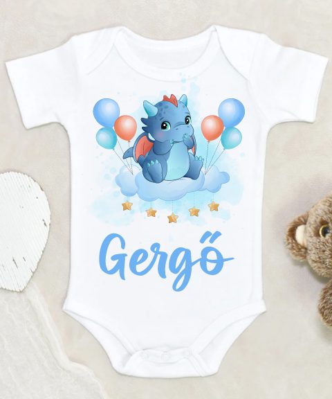 Kék dínó lufikkal gyerek body saját névvel