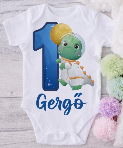 Űrhajós dínós első szülinapos gyerek body saját névvel