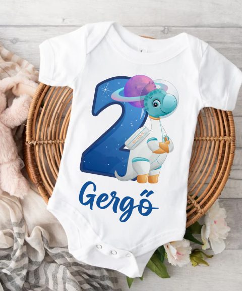 Űrhajós dínós második szülinapos gyerek body saját névvel