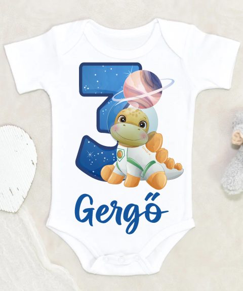 Űrhajós dínós harmadik szülinapos gyerek body saját névvel