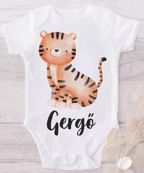Ülő tigrises gyerek body saját névvel