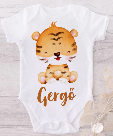 Mosolygó tigrises gyerek body saját névvel