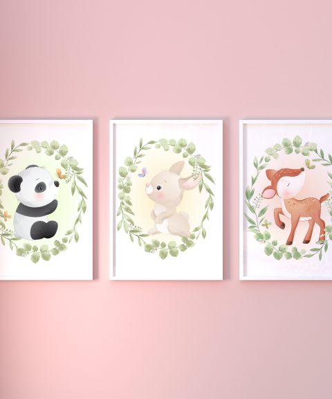 Panda, nyuszi, őzike levélkoszorúban 3-mas falikép szett