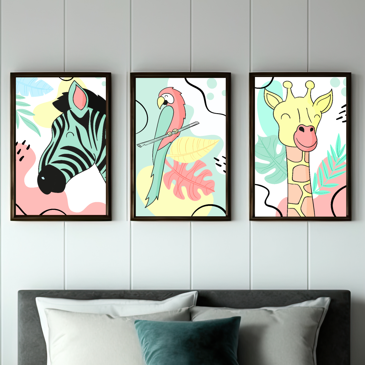 Zebra, papagáj, zsiráf szafari kollekció 3-mas falikép szett