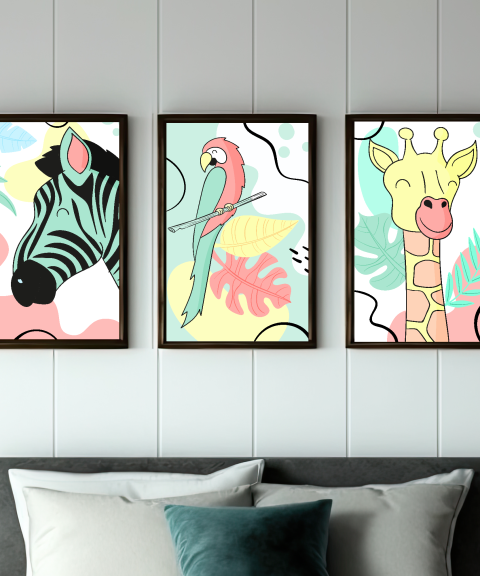 Zebra, papagáj, zsiráf szafari kollekció 3-mas falikép szett