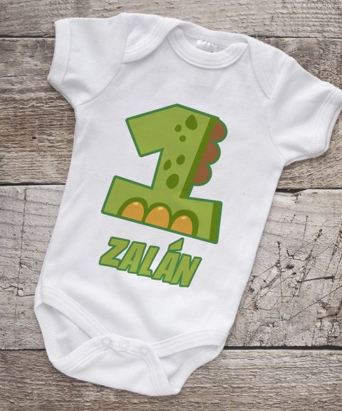 Első szülinapos gyerek body, dínómintás számmal, saját névvel