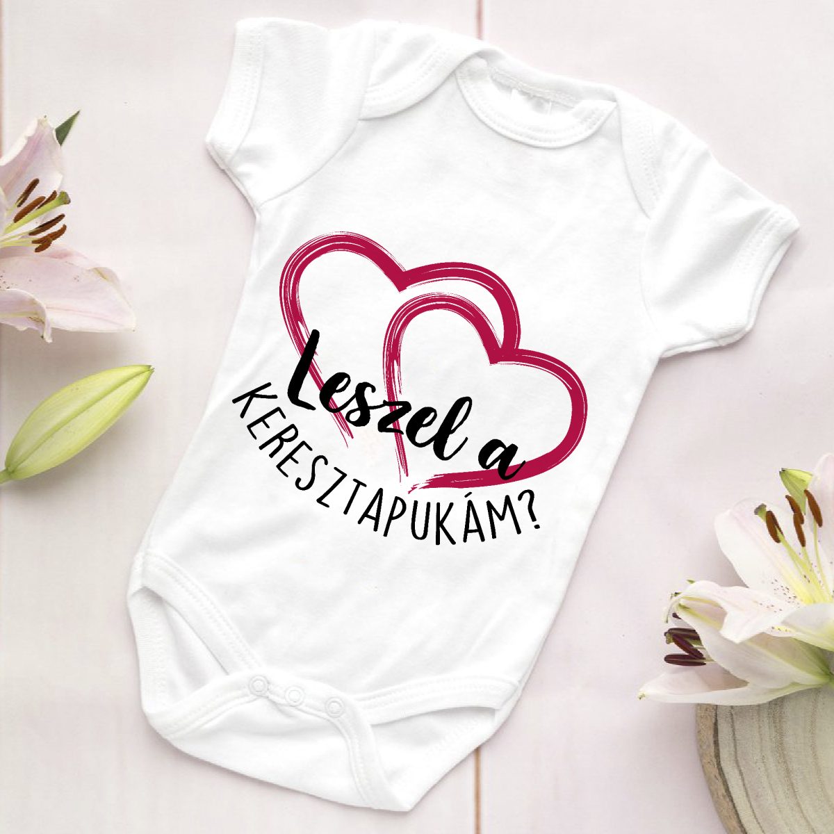 Leszel a keresztapukám? pink szivecskékkel gyerek body