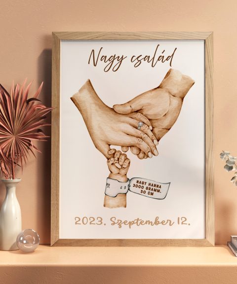 Család születése, kezekkel, fehér, vagy arany gyűrűvel, családnévvel, gyermek adataival