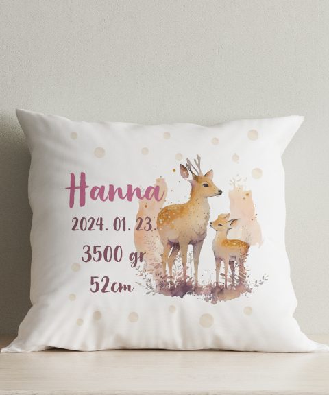 Festett őzikék párna, gyermek nevével, adataival