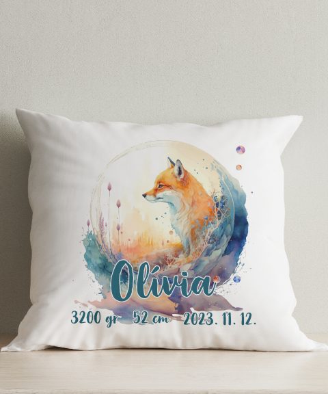 Watercolor hatású róka párna, gyermek nevével, adataival