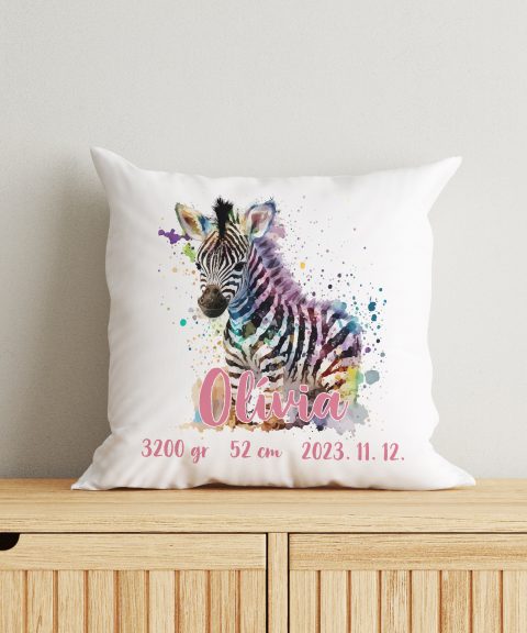 Zebra, színes festékfoltokkal párna, gyermek nevével, adataival