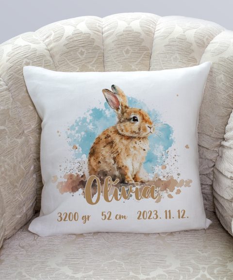 Festett nyuszi párna, gyermek nevével, adataival
