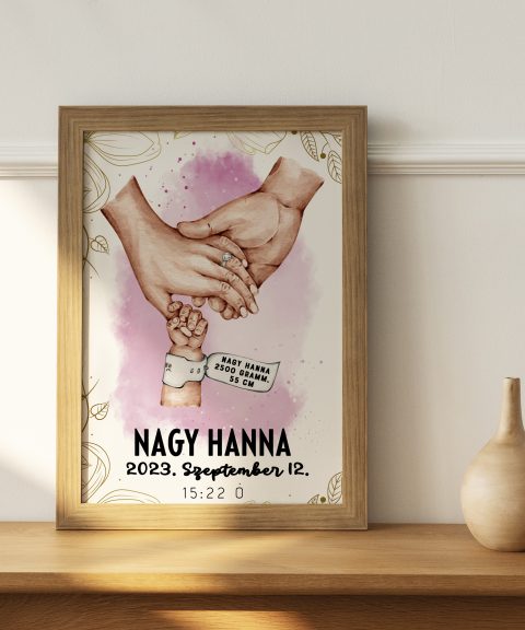 Születési poszter, kezekkel, fehér, vagy arany gyűrűvel, gyermek születési adataival, rózsaszín, vagy kék háttérrel
