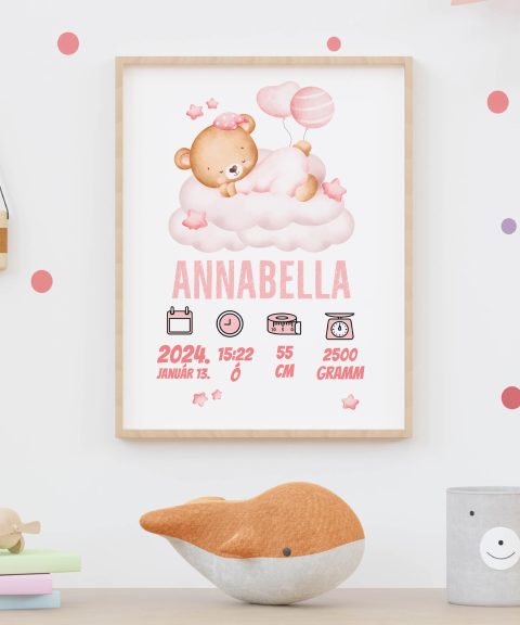 Felhőn alvó kismaci, választható mintával, gyermek nevével születési adataival