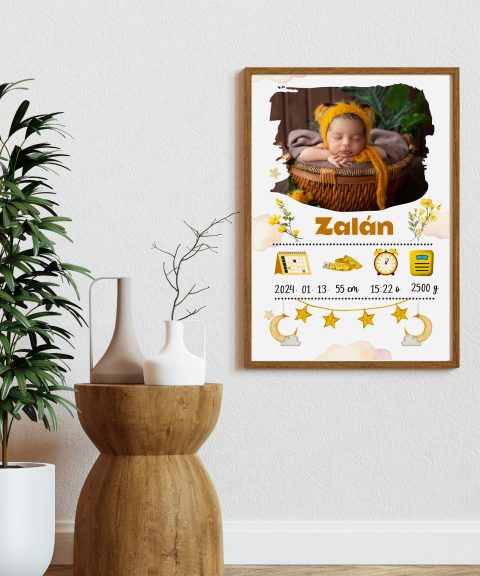 Születési poszter, gyermek nevével, adataival, fényképpel, holddal és csillagokkal