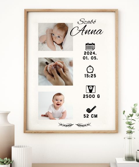 Születési poszter, gyermek nevével, születési adataival, 3 fényképpel