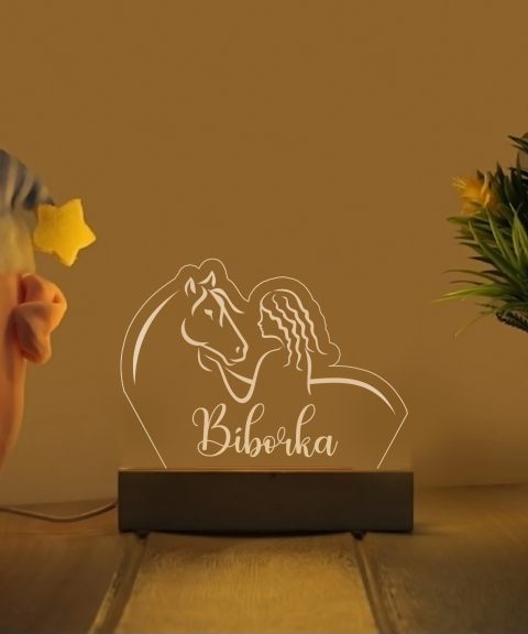 Lány, lóval névre szóló gyerek éjjeli led lámpa