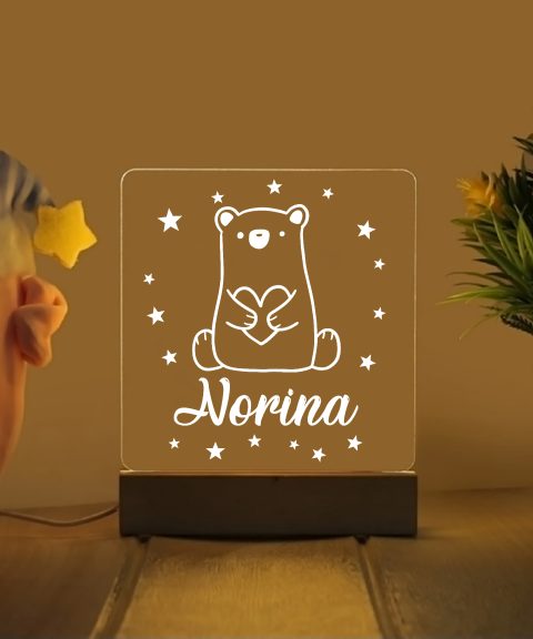 Maci szívvel névre szóló gyerek éjjeli led lámpa