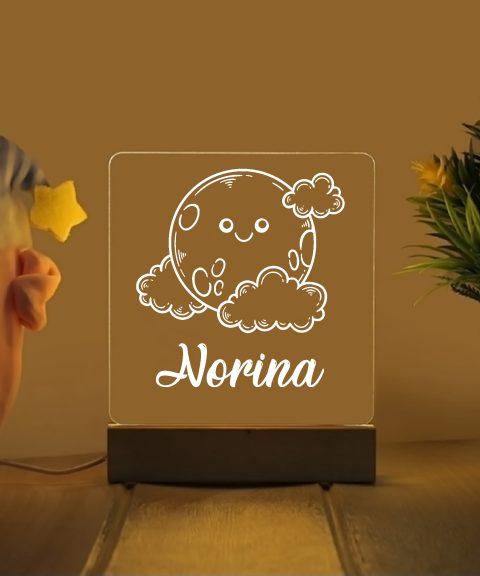 Mosolygó hold, felhőkkel névre szóló gyerek éjjeli led lámpa