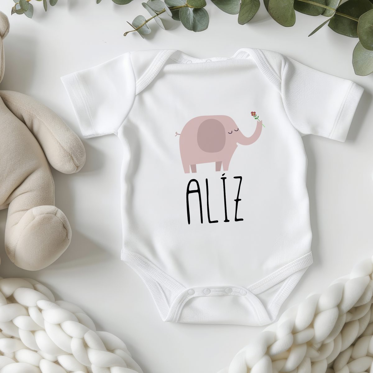 Rózsaszín elefántos gyerek body, saját névvel