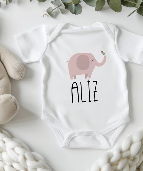 Rózsaszín elefántos gyerek body, saját névvel