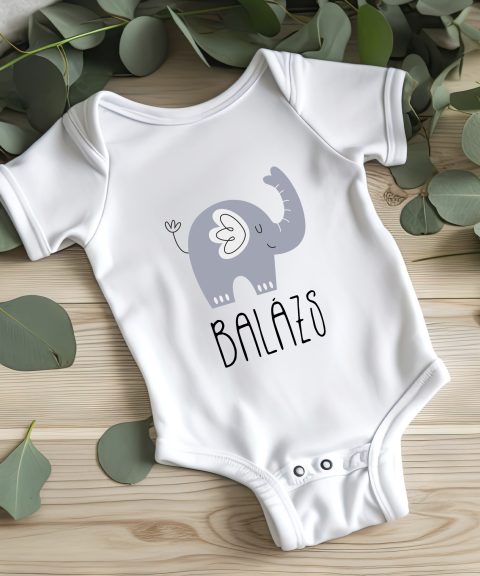 Szürke elefántos gyerek body, saját névvel