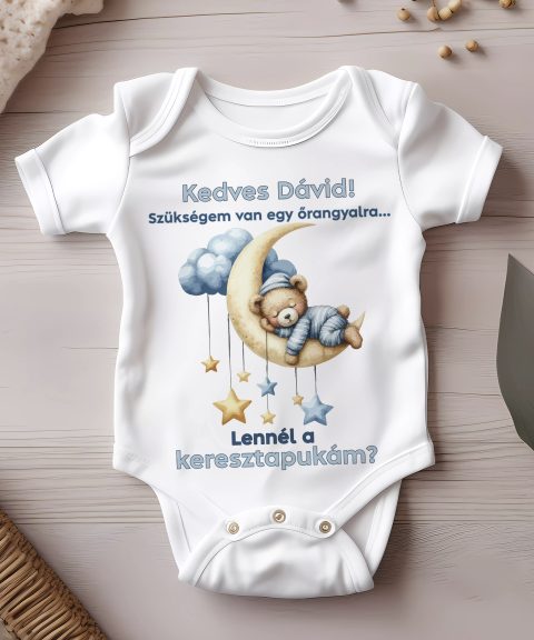 Szükségem van egy őrangyalra, lennél a keresztapukám? kék szöveggel gyerek body, névvel