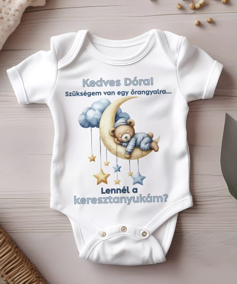 Szükségem van egy őrangyalra, lennél a keresztanyukám? kék szöveggel gyerek body, névvel
