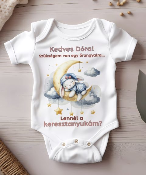 Szükségem van egy őrangyalra, lennél a keresztanyukám? rózsaszín szöveggel gyerek body, névvel