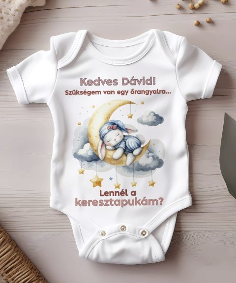 Szükségem van egy őrangyalra, lennél a keresztapukám? rózsaszín szöveggel gyerek body, névvel