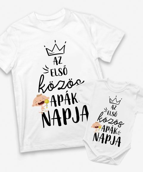 Az első közös Apák napja, csörgős kisbabával apa-baba páros felső