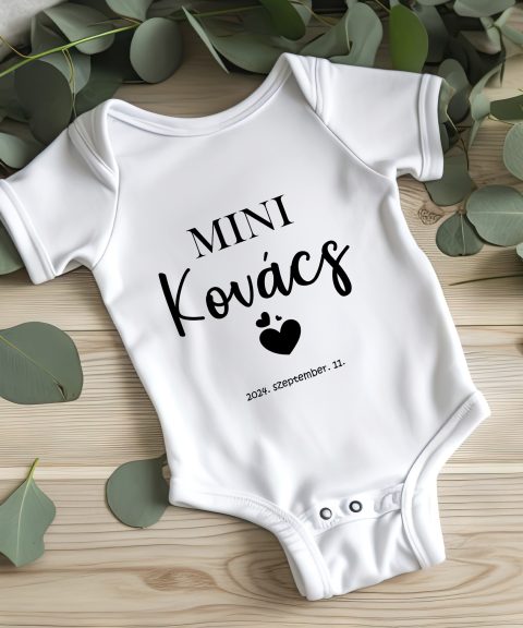 Mini gyerek body, vezetéknévvel, születési dátummal
