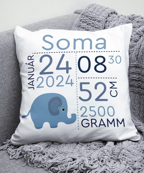 Emlékőrző párna, névvel, adatokkal, kék elefánttal