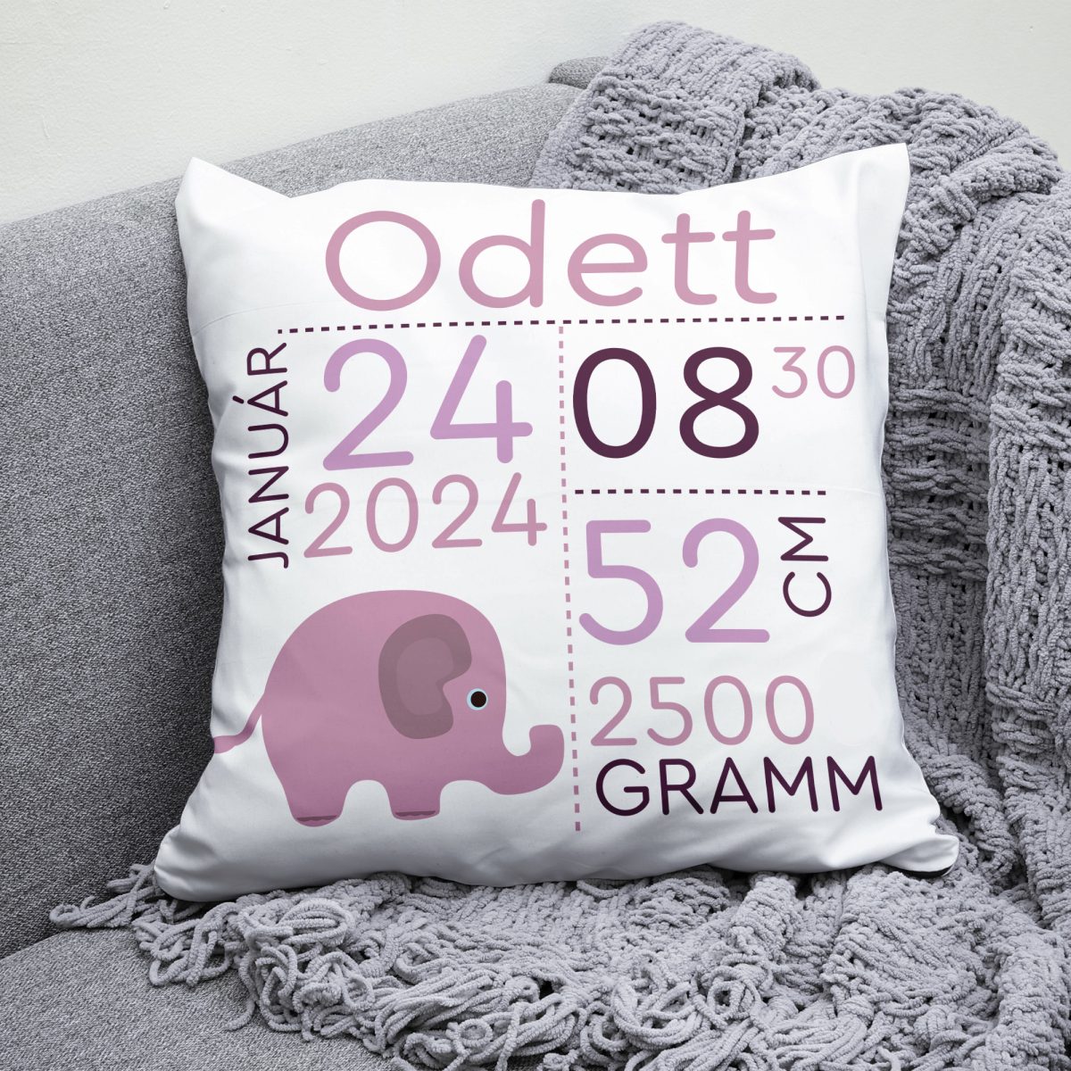 Emlékőrző párna, névvel, adatokkal, rózsaszín elefánttal