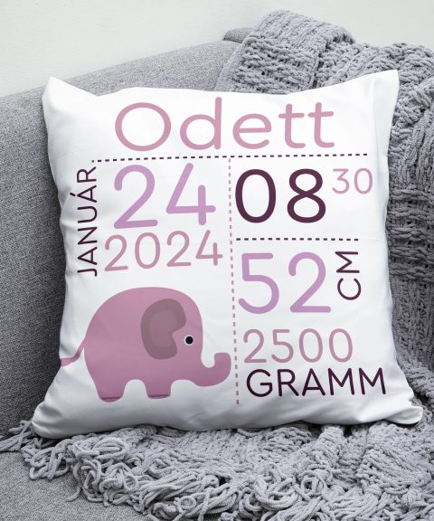 Emlékőrző párna, névvel, adatokkal, rózsaszín elefánttal