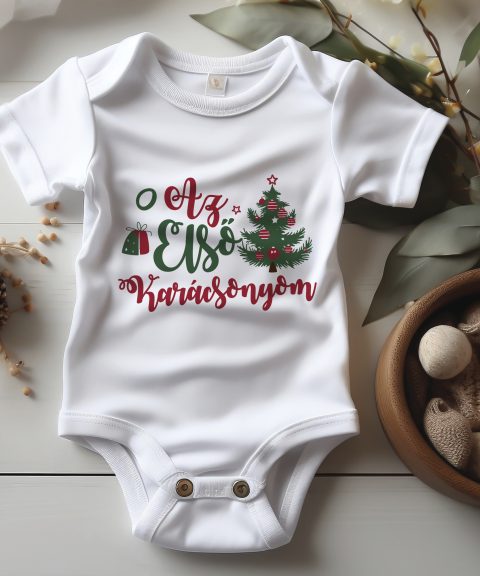 Az első karácsonyom gyerek body, karácsonyfával, ajándékkal