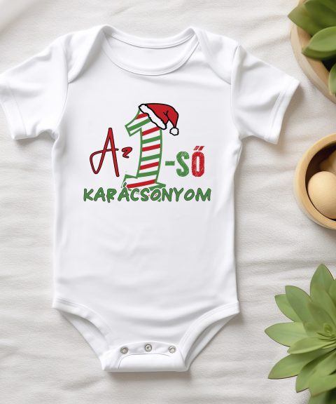 Az első karácsonyom gyerek body, piros és zöld csíkos számmal