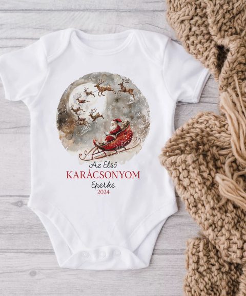 Az első karácsonyom gyerek body, saját névvel, évszámmal, Télapóval és rénszarvasaival