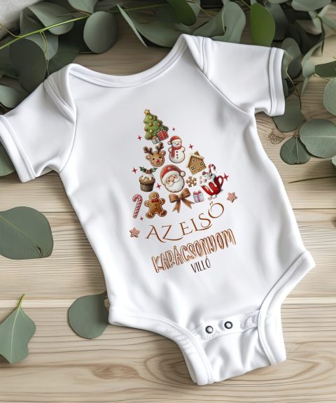 Az első karácsonyom gyerek body, saját névvel, karácsonyi mintákkal, karácsonyfa alakban