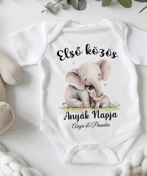 Első közös Anyák napja, elefántokkal, névvel, gyerek body