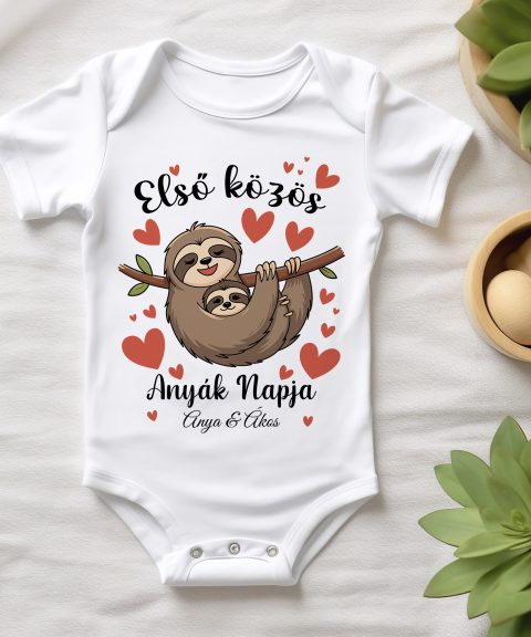 Első közös Anyák napja, lajhárokkal, névvel, gyerek body