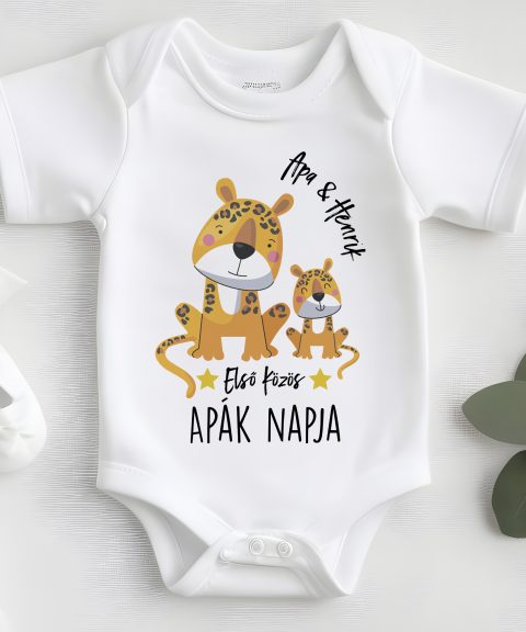 Első közös Apák napja, cuki leopárdokkal, névvel gyerek body